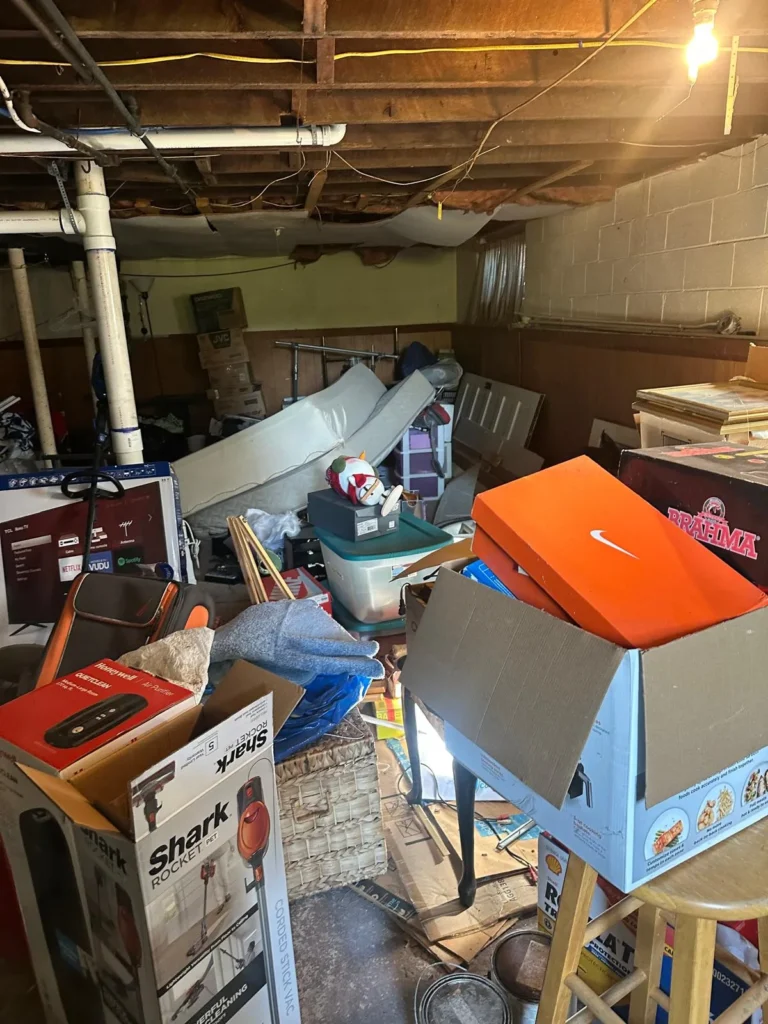 cluttered basement before cleanout