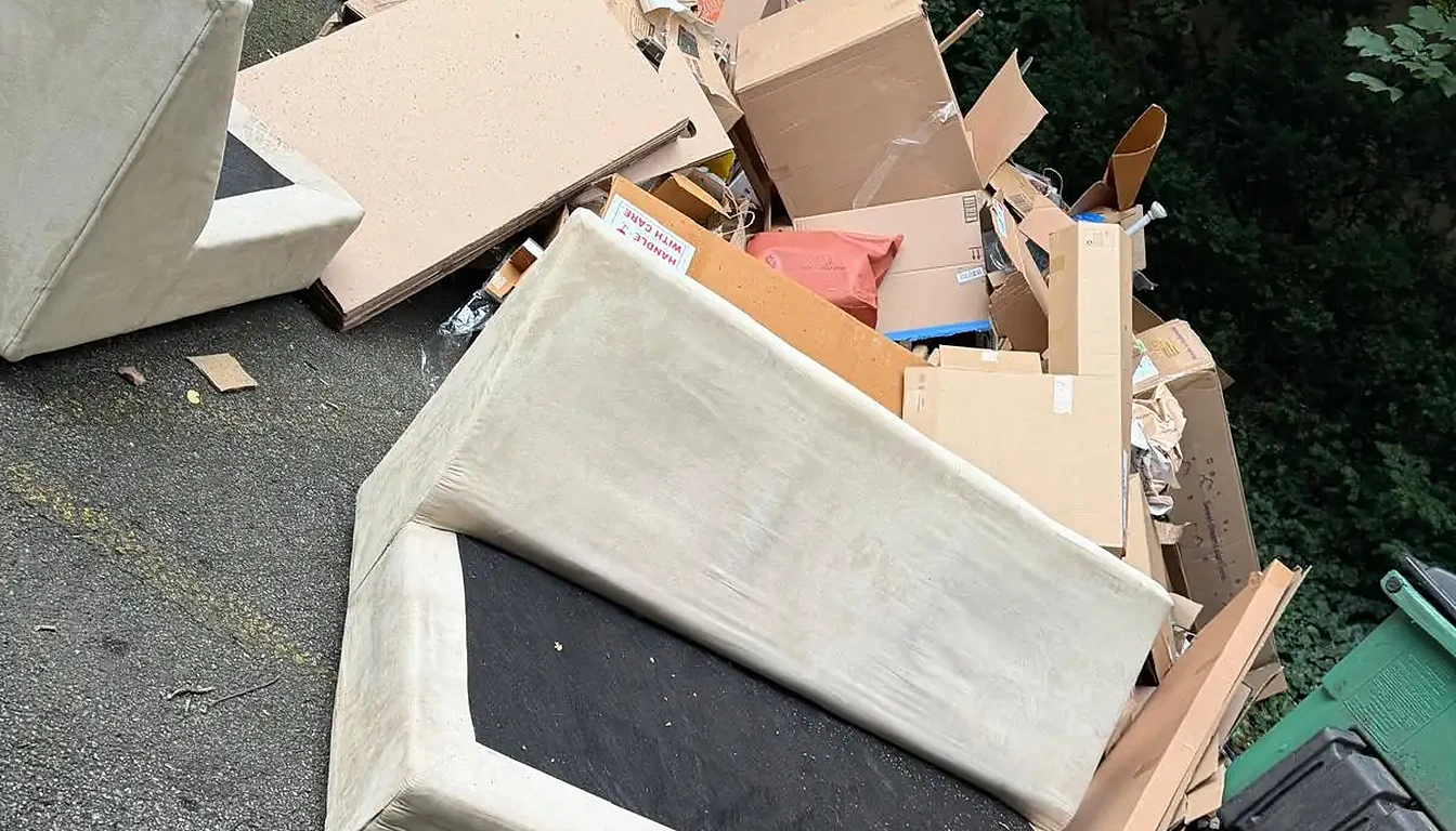 Box springs, cardboard and bags dumped beside dumpsters before removal