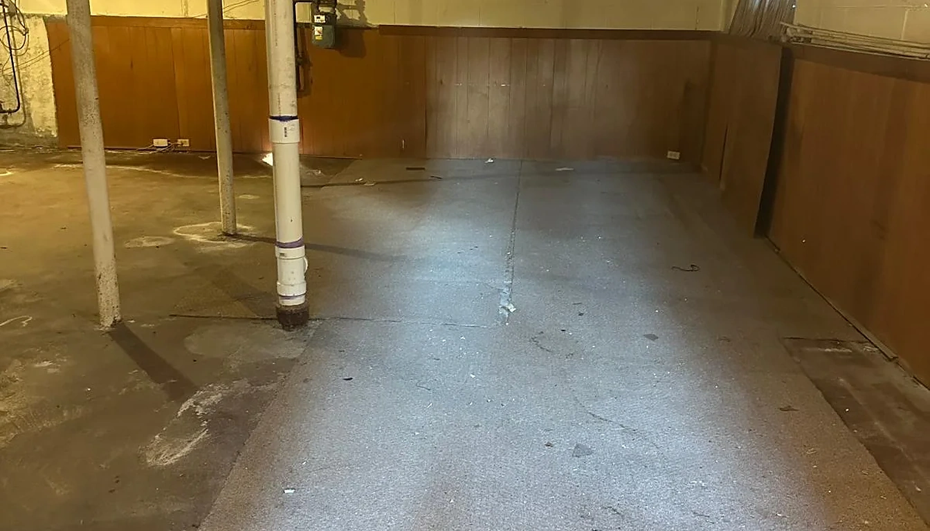 Empty basement floor swept after a full cleanout in Rhode Island