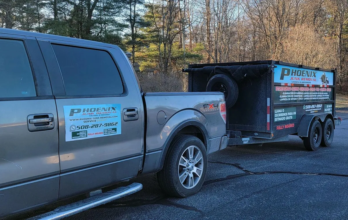 junk removal pickup truck towing dump trailer