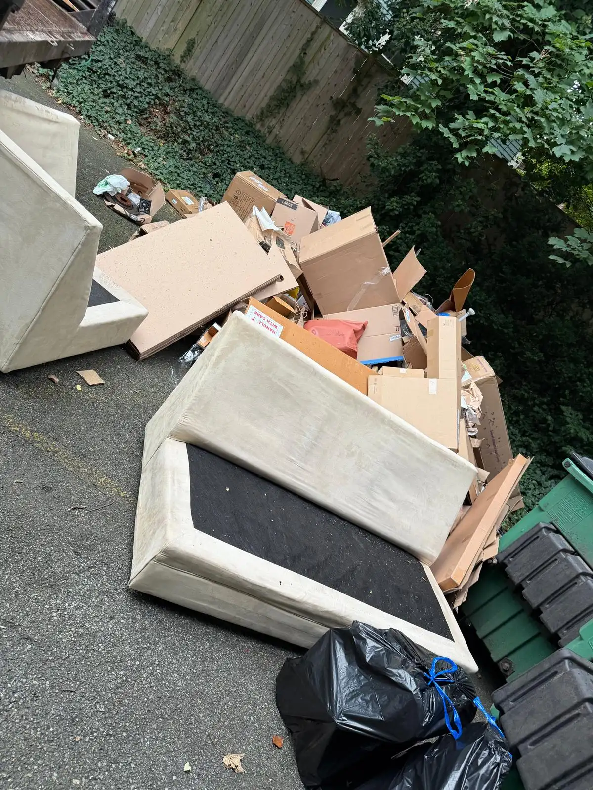 Box springs, cardboard and bags dumped beside dumpsters before removal