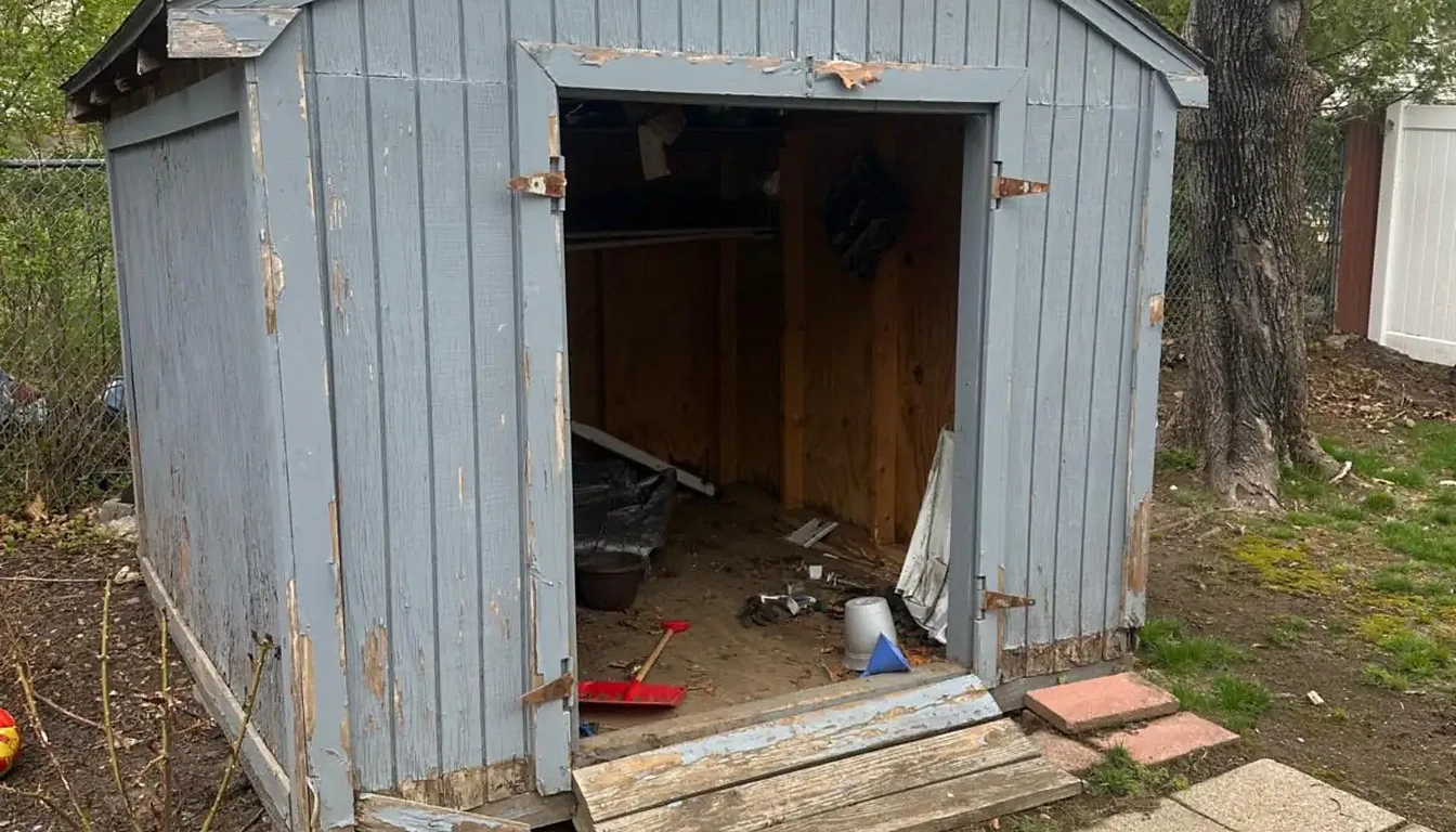 Old wooden shed with its door open before shed removal in Rhode Island